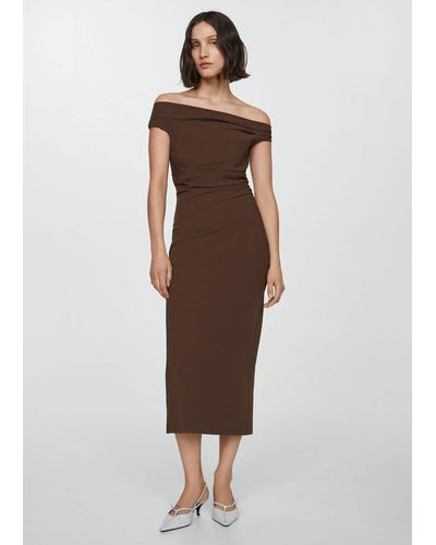Mango Off-the-shoulder Draped Dress - Brown