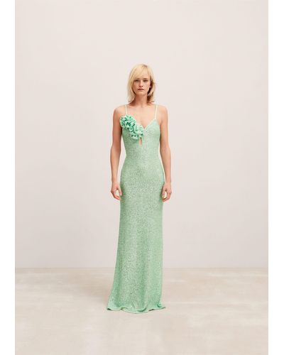 Mango Sequined Dress With Flower Detail Pastel - Green