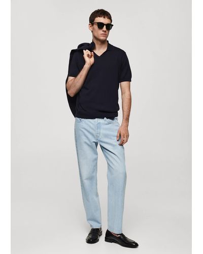 Mango 100% Cotton Knitted Polo Shirt Dark - Blue