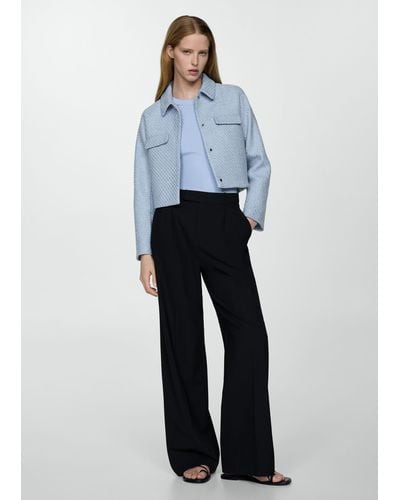 Mango Cropped Tweed Jacket With Pockets Sky - Blue