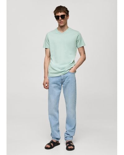 Mango Slim-fit Cotton V-neck T-shirt Aqua - Blue