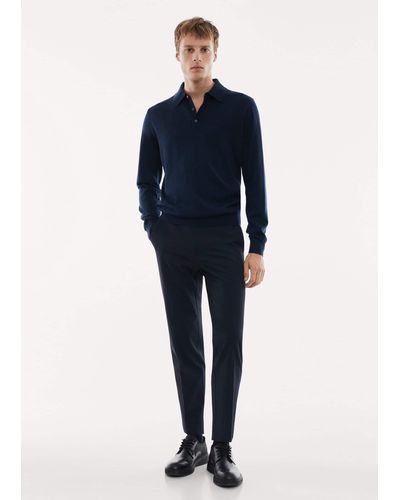 Mango 100% Merino Wool Long- Sleeved Polo Shirt - Blue