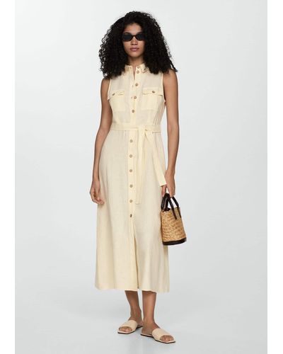 Mango 100% Linen Shirty Dress Pastel - White