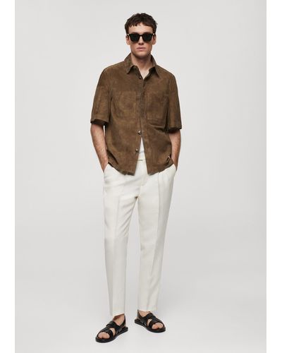 Mango Overshirt With 100% Suede Leather Pocket - White