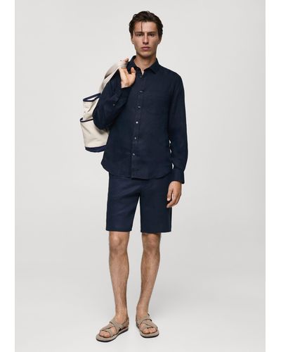 Mango Slim Fit 100% Linen Bermuda Shorts Dark - Blue