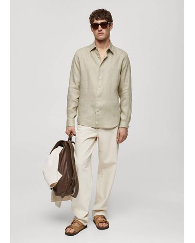 Mango 100% Linen Regular-fit Shirt Aqua - White