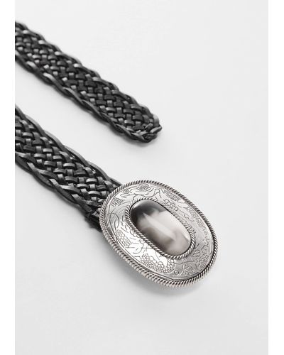 Mango Engraved Buckle Leather Belt - Metallic