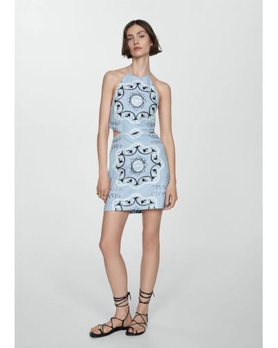 Mango Printed Dress With Openings - Blue