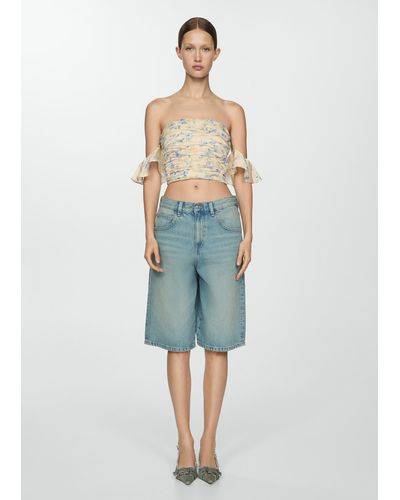 Mango Ruched Strapless Top - Blue