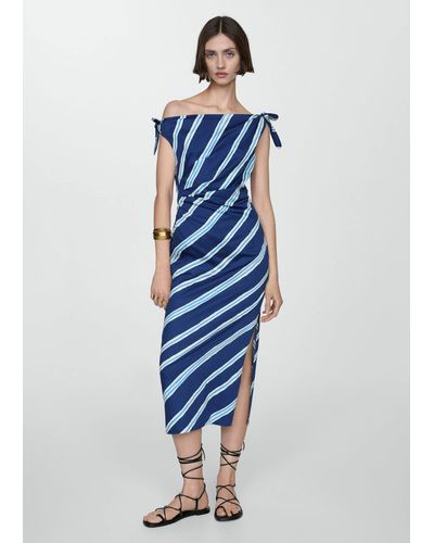 Mango Striped Dress Bare Shoulders Ink - Blue