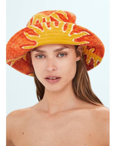 Mango Printed Terry Cloth Bucket Hat - Red
