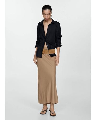Mango Long Linen Skirt Medium - Brown