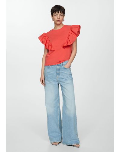 Mango 100% Cotton T-shirt With Ruffles Coral - Red
