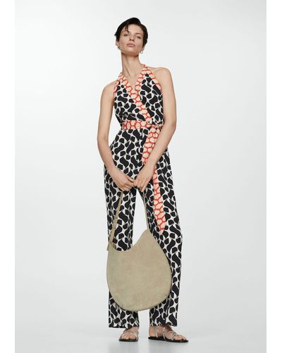 Mango Printed Jumpsuit With Bow - White
