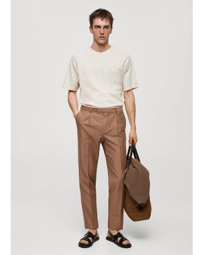 Mango Slim Fit Cotton And Linen Suit Trousers Burnt - Natural