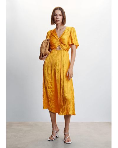 Mango Side-slit Satin Dress - Yellow