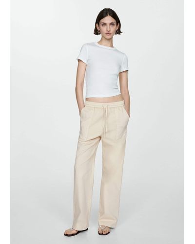 Mango Elastic Waist Cotton Trousers Off - White