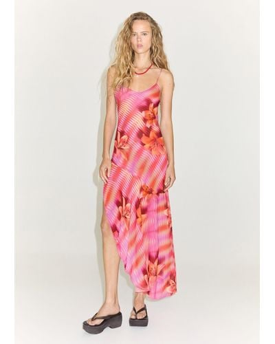Mango Printed Dress With Asymmetrical Hem - Pink