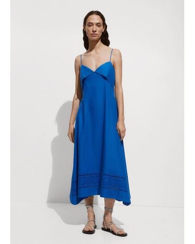 Mango Embroidered Dress With Turn-down Neckline - Blue