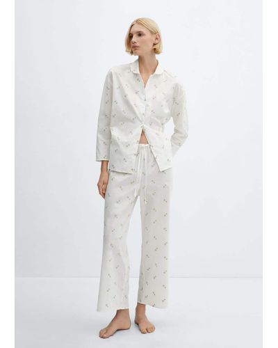 Mango Pantaloni pigiama cotone ricamo floreale - Bianco