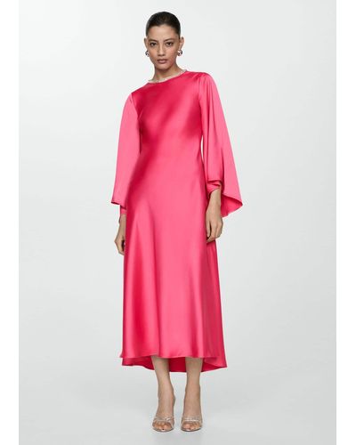Mango Flared-sleeve Satin Dress - Pink