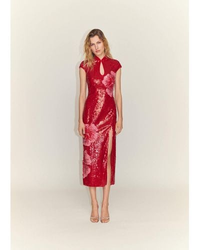 Mango Sequin Flower Design Dress - Red