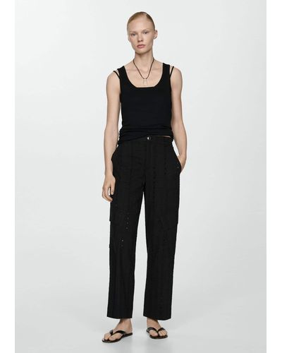 Mango Embroidered Cargo Trousers - Black