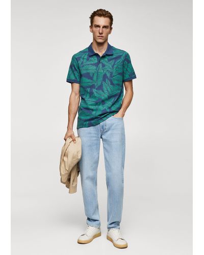 Mango Tropical Print Cotton Polo Shirt - Blue