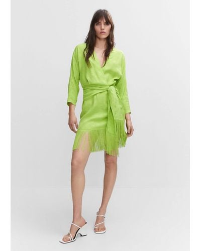 Mango Fringed Jacquard Dress - Green