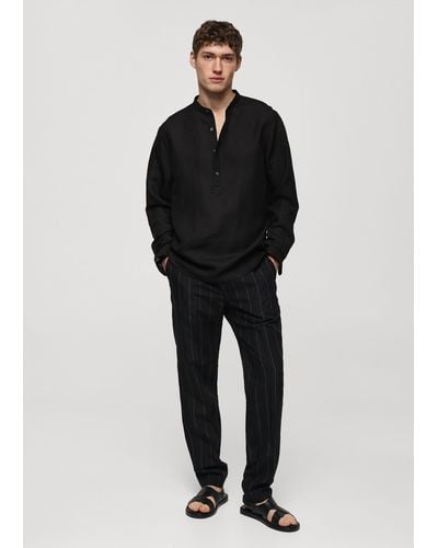 Mango Regular-fit Linen Shirt With Mao Collar - Black