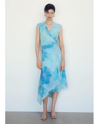 Mango Print Wrap Dress - Blue