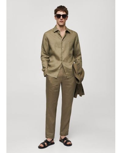 Mango Slim-fit 100% Linen Trousers - Green