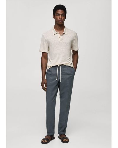 Mango Linen-blend Slim-fit Trousers With Drawstring Indigo - Blue