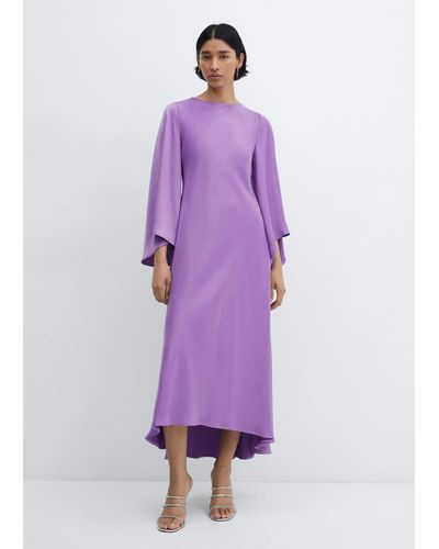 Mango Flared-sleeve Satin Dress - Purple