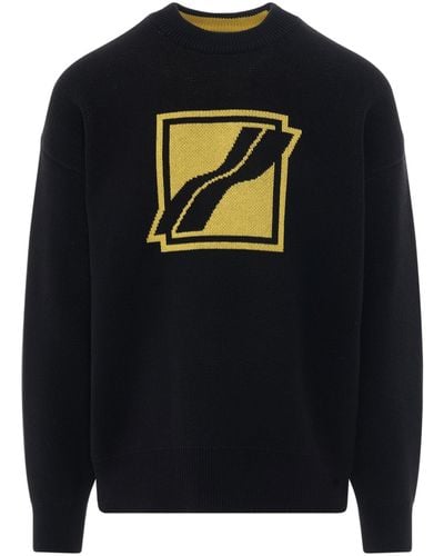 we11done Square Logo Jacquard Knit Pullover, Round Neck, Long Sleeves, , 100% Cotton, Size: Medium - Black