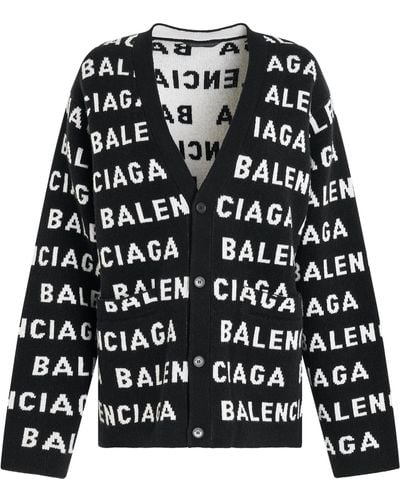 Balenciaga All-Over Logo Cardigan, Long Sleeves - Black