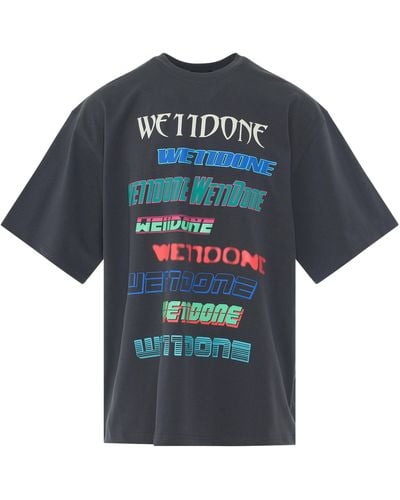 we11done Multi Logo T-Shirt, Round Neck, Short Sleeves, , 100% Cotton - Blue