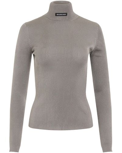 Balenciaga Long Sleeve Fitted Rib Knit Turtleneck, , 100% Polyester, Size: Medium - Grey