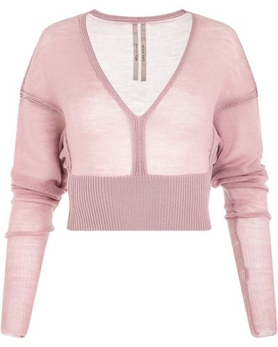 Rick Owens Long Sleeve V Knit Sweater, Dusty, 100% New Wool - Pink