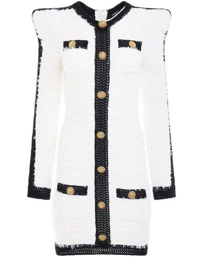 Balmain 4 Pockets Buttoned Tweed Knit Short Dress, Round Neck, Long Sleeves, /, 100% Cotton - White