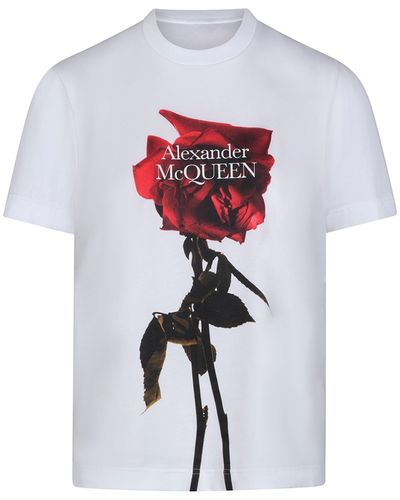 Alexander McQueen Rose Print Logo T-Shirt, Round Neck, Short Sleeves, , 100% Cotton - White