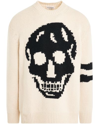 Alexander McQueen Skull Intarsia Knit Sweater, Long Sleeves, Cream/, 100% Cashmere, Size: Medium - Black