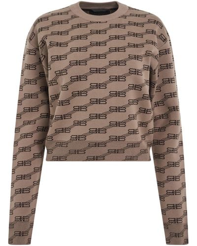 Balenciaga 'Monogram Cropped Sweater, Long Sleeves, /, 100% Cotton, Size: Small - Brown