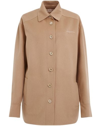 Marni Logo Embroidered Buttoned Overshirt, Long Sleeves, , 100% Wool - Natural