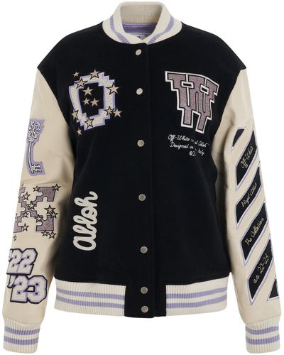 Off-White c/o Virgil Abloh Off- Embroidered Patch Logo Varsity Jacket, Long Sleeves, /Lilac, 100% Polyester - Black