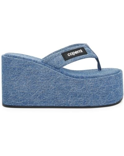 Coperni Denim Branded Wedge Sandals, Washed, 100% Denim - Blue