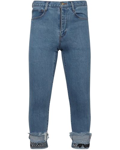 Facetasm Cropped Print Denim Trousers, , 100% Cotton - Blue