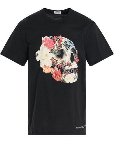 Alexander McQueen Floral Skull Print T-Shirt, Round Neck, Short Sleeves, //, 100% Cotton - Black