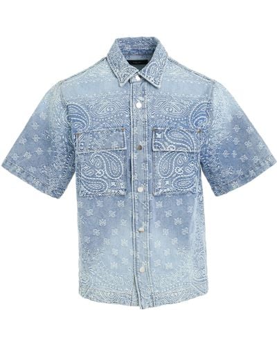 Amiri Bandana Jacquard Snap Short-Sleeve Shirt, Perfect, 100% Cotton, Size: Medium - Blue