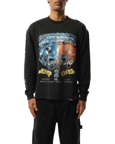 Represent X Feature Head 2 Head Long Sleeve T-Shirt, Stained, 100% Cotton, Size: Medium - Black